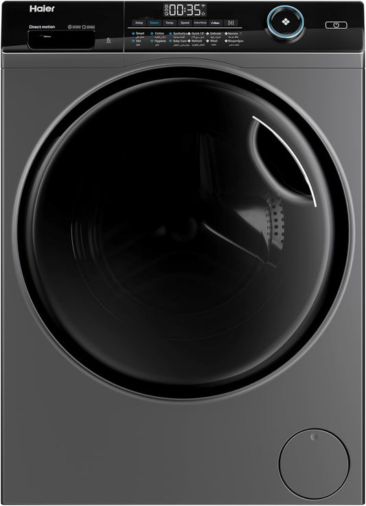 Haier Washing Machine,9 KG Front Loading 525 mm Super Drum, Direct Motion Inverter Motor, WiFi Haismart, Laser Welding, Steam, Silver, HW90-B14959S6TU1