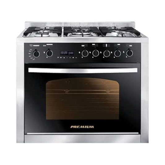 Premium gas cooker 5 Burners- full stainless - full safety - Digital timer with gas separation - Auto Ignition - Fan - cast material - 2 skewers with 2motor grill-timer-PRM6090SS-1GC-511-IDSP-GO-2W