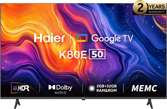تلفزيون ذكي 50 بوصة 4K UHD من هاير ، تقنية صوت دولبي/مكبر صوت ستيريو/تقنية MEMC/VRR/ALLM/ذاكرة RAM/ROM بـ 2+32 جيجابايت/تحكم صوتي/مدى ديناميكي عالي/كروم كاست/HDMI 2.1/تصميم بحواف رفيعة جدًا H50K80EU